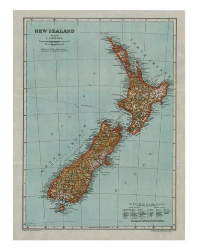 Mapa de Nueva Zelanda, c. 1910 de Gull Engraving Company