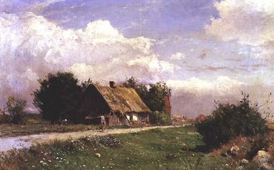 Un paisaje arbolado con figuras junto a una cabaña de Gustaf Fredrik Rydberg