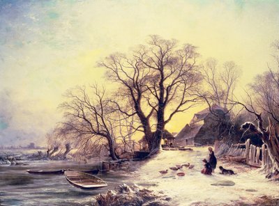 Figuras fuera de una cabaña en invierno de Gustaf Fredrik Rydberg