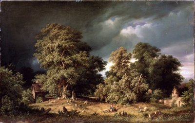El viejo cementerio. Una mujer se sienta sola en un cementerio rural aislado mientras el cielo se cubre de nubes oscuras. Pintura de Gustav Paul Closs (1840-1870), óleo sobre lienzo, hacia 1865. Arte alemán, paisaje del siglo XIX. M. de Gustav Adolf Closs