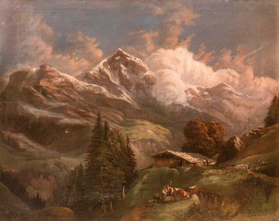 Alm de alta montaña animada con vista a los picos alpinos - ¿Großglockner? de Gustav Barbarini