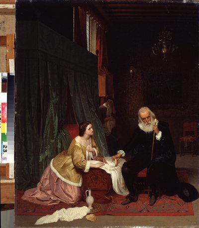 "Un médico toma el pulso a un niño enfermo bajo la mirada preocupada de su madre. Pintura de Gustav Budkovski (1813-1884) 1859 Museo Estatal de Arte, Nizhny Tagil, Rusia de Gustav Budkowski