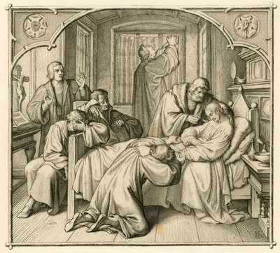 El amigo de Lutero, Philipp (Philippe, Philippus) Melanchthon (1497-1560), está muy enfermo, por lo que Lutero reza para que se recupere. de Gustav Ferdinand Leopold Konig