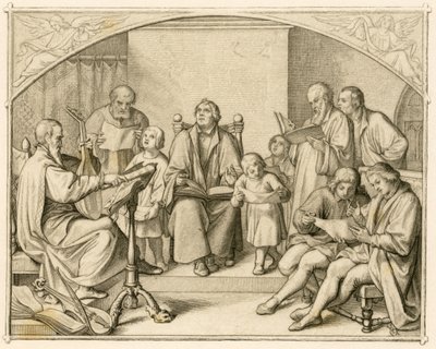 Luthers introdujo la religión protestante alemana junto con sus hijos y amigos bajo la dirección de Johannes Walther (1496-1570). de Gustav Ferdinand Leopold Konig
