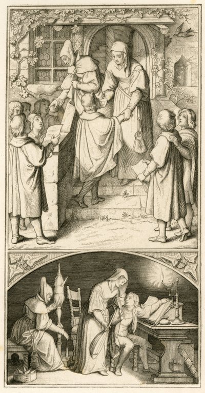 Martín Lutero de escolar, canta ante la puerta de Ursula Cotta en Eisenach por un poco de pan. En esta casa aprenderá a tocar la flauta y el laúd, por lo que el texto original de Gustav Ferdinand Leopold Konig