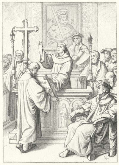 Martín Lutero recibiendo su doctorado por Andreas Karlstadt en la Universidad de Wittenberg de Gustav Ferdinand Leopold Konig