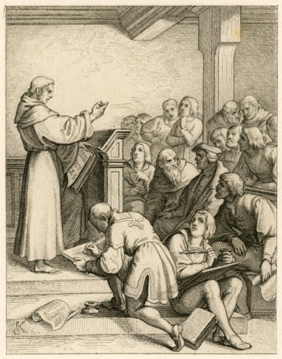 Martín Lutero da conferencias en la universidad de Wittenberg, delante de él el vicerrector Dr. Pollich y su amigo paterno Johann von Staupitz (1460-1524). de Gustav Ferdinand Leopold Konig
