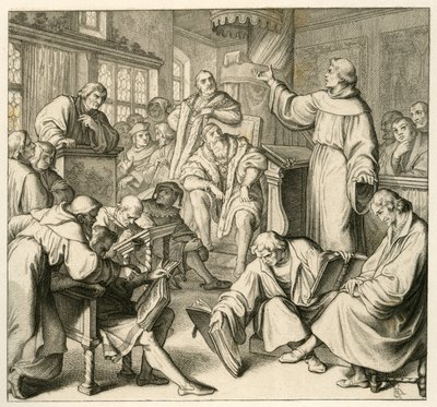 Martín Lutero en discusión con el Dr. Johannes Eck (Johann Maier von Eck) (1486-1543), del lado de Lutero están Philipp Melanchthon (1497-1560)y Karlstadt (Andreas Rudolf Bodenstein von Karlstadt de Gustav Ferdinand Leopold Konig