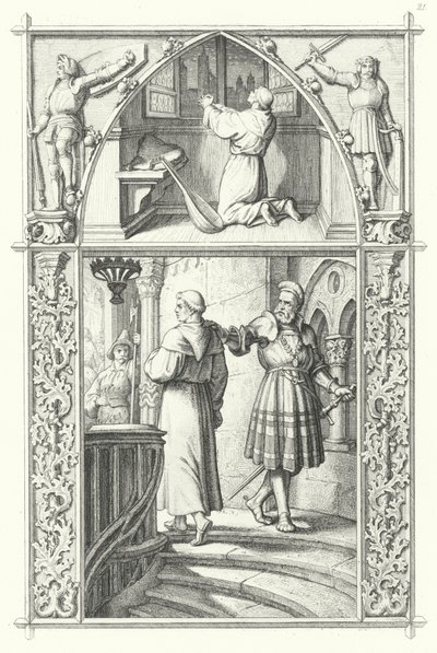 Martín Lutero en oración mientras se prepara para la Dieta de Worms (arriba). Georg von Frundsberg anima a Martín Lutero (abajo) (grabado) de Gustav Ferdinand Leopold Konig