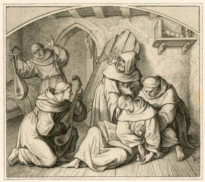 Martín Lutero está inconsciente en su celda del monasterio, junto a otros monjes que tocan el laúd de Gustav Ferdinand Leopold Konig