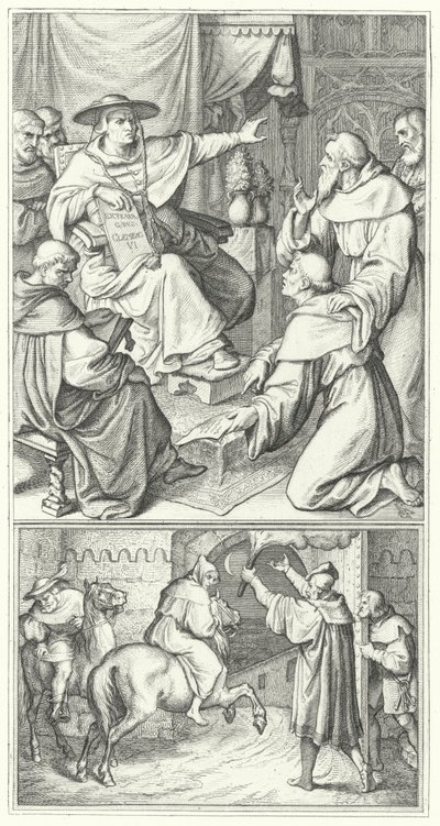 Martín Lutero dejando al legado del Papa en Wittenberg, Thomas Cajetan (arriba). Martín Lutero dejando la ciudad de Augsburgo (abajo) (grabado) de Gustav Ferdinand Leopold Konig