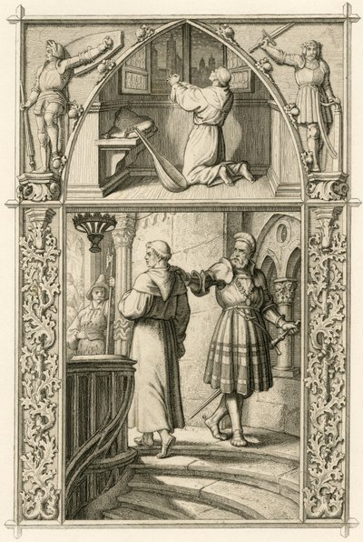 Martín Lutero se prepara con una oración para el encuentro con el emperador (imagen superior) ; imagen principal : Lutero se encuentra con el caballero Jorge (Georg) von Frundsberg (Jorg von Fronsberg, Freundsbergin de Gustav Ferdinand Leopold Konig