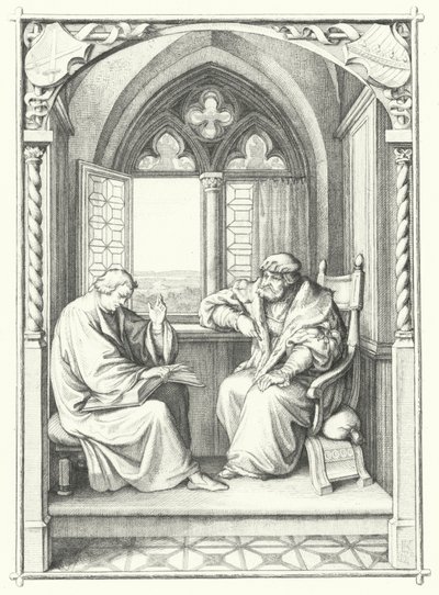 Martín Lutero leyendo la Biblia a Juan, Elector de Sajonia (grabado) de Gustav Ferdinand Leopold Konig