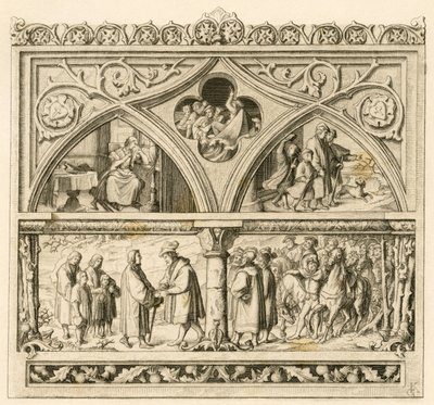 El viaje de Martín Lutero al conde Mansfeld (Hoyer VI de Mansfeld-Vorderort (1477-1540) ; imagen arriba a la izquierda : la triste Katharina , en el centro : la furia del río Saale , a la derecha : Lutero junto a sus hijos. imagen abajo : Lutero y el conde de Gustav Ferdinand Leopold Konig