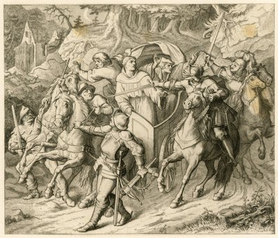 El secuestro de Martín Lutero en su viaje de regreso - 1521 - por Hauptmann von Berlepsch y Burkhard Hund, debido a la bula de excomunión del papa y la proscripción del emperador. de Gustav Ferdinand Leopold Konig