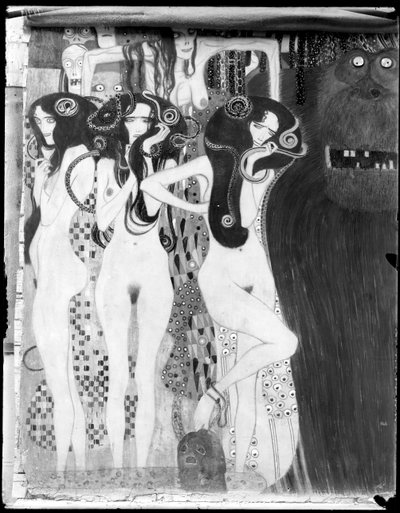 Friso de Beethoven: detalle de "Die feindlichen Gewalten" (Las joyas de Beethoven) de Gustav Klimt