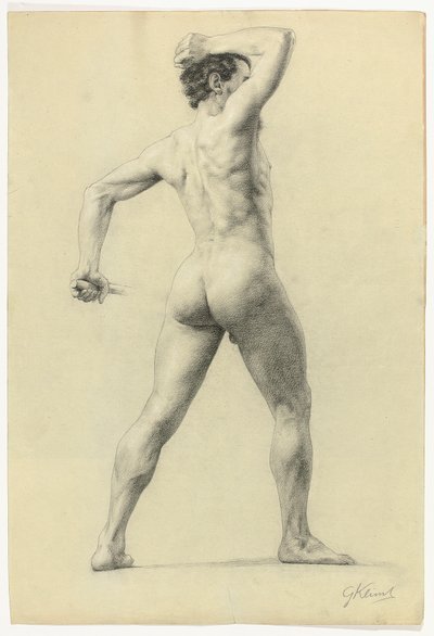 Desnudo masculino de espaldas, c.1880 (lápiz realzado con tiza blanca sobre papel) de Gustav Klimt