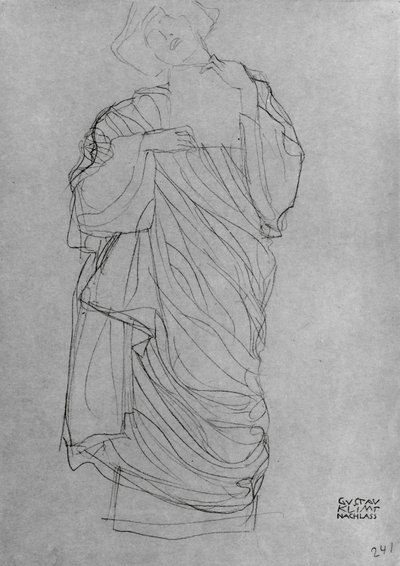Mujer de pie con túnica sosteniendo una carta de Gustav Klimt