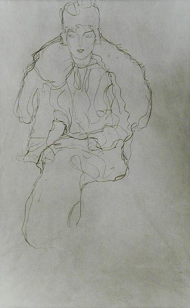 Mujer sentada con abrigo de piel y tocado de Gustav Klimt