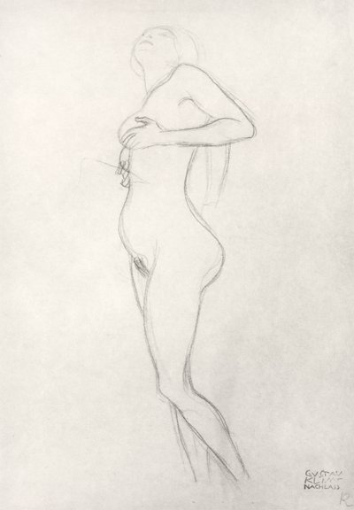 Chica desnuda de pie mirando hacia arriba de Gustav Klimt