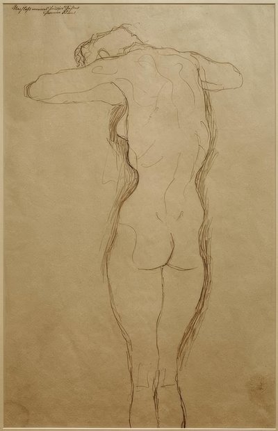 Desnudo de espaldas de pie, los brazos doblados horizontalmente (Estudio) de Gustav Klimt