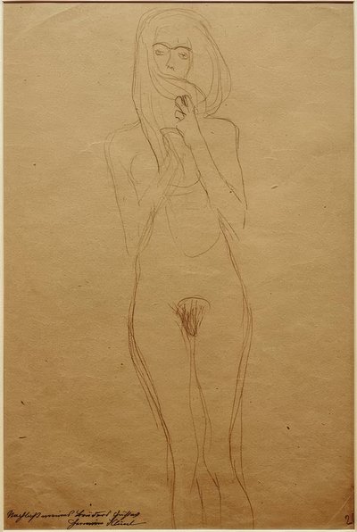 Desnudo femenino de pie, la boca cubierta por el cabello de Gustav Klimt