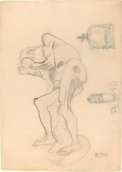 Estudio de una anciana desnuda apretando los puños y dos objetos decorativos de Gustav Klimt
