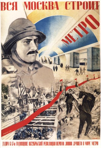 Todo Moscú construye el Metro, Póster, 1934 de Gustav Klutsis