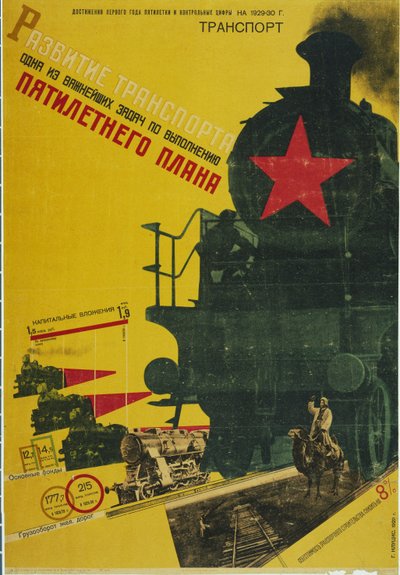 El desarrollo del transporte, cartel del Plan Quinquenal de Gustav Klutsis