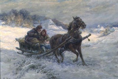 Paseo en trineo en invierno (óleo sobre tabla) de Gustav Prucha