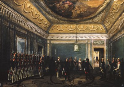 Cambio de guardia del Regimiento Preobrazhensky en el Palacio de Gatchina en la época de Pablo I, 1845 de Gustav Schwarz
