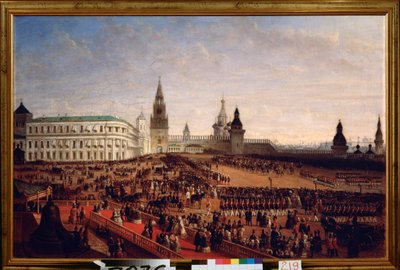 Desfile militar durante la coronación del emperador Alejandro II (1818-1881) en el Kremlin de Moscú, 18 de febrero de 1855. Pintura de Gustav Schwarz (circa 1800-después de 1855), óleo sobre lienzo de Gustav Schwarz
