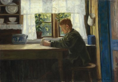 Niño en el interior de la cocina (óleo sobre lienzo) de Gustav Wentzel