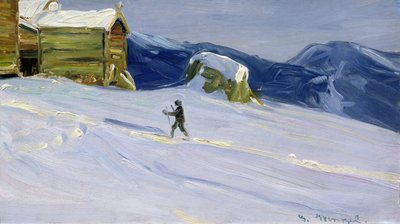 Noche de invierno en Vaga con esquiadora (óleo sobre lienzo) de Gustav Wentzel