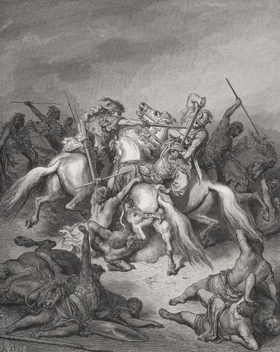 Abisai salva la vida de David, Samuel 2:17, ilustración de "La Santa Biblia" de Dore, grabada por Hurel. de Gustave (after) Dore