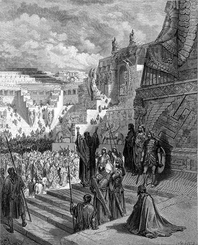 Artajerjes concediendo libertad a los judíos, grabado por Ligny de Gustave (after) Dore