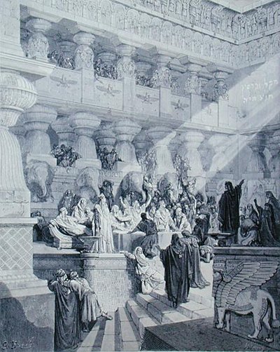 Daniel interpretando la escritura en la pared, grabado por A. Ligny, c.1868 de Gustave (after) Dore