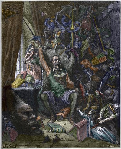 Don Quijote en su estudio rodeado por los fantasmas de sus ensoñaciones - “Don Quijote de la Mancha” de Miguel Cervantes (1547-1616) - grabado por Heliodore Joseph Pisan según dibujo de Gustave Doré de Gustave (after) Dore