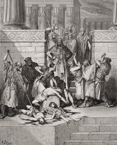 Matanza de los hijos de Sedequías ante su padre, II Reyes 25:7, ilustración de "La Santa Biblia" de Dore, grabada por Fournier. de Gustave (after) Dore