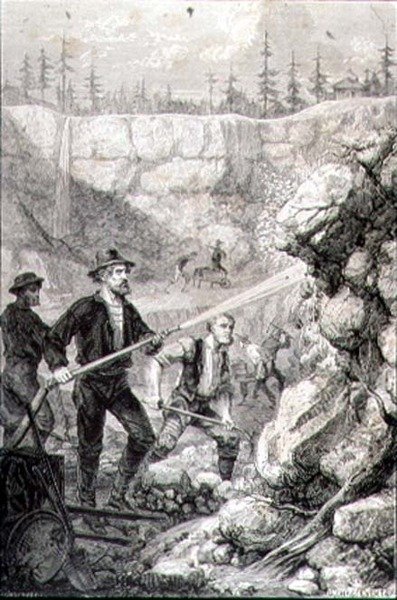Prospección de oro en California en la década de 1860, grabado por Felix Jean Gauchard de Gustave Adolphe (after) Chassevent Bacques
