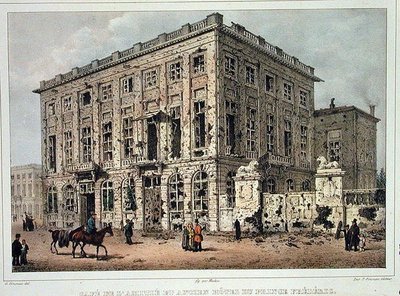 El Café Amitie y el Antiguo Hotel du Prince Frederic, Bruselas, después de los combates del 23-26 de septiembre de 1830, grabado por Jean Baptiste Madou (1796-1877) de Gustave Adolphe (after) Simoneau