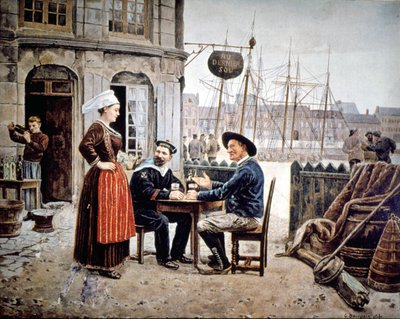 Dos hombres (un marinero y un pescador bretón) en un bar charlando con una camarera bretona, Saint Malo de Gustave Bourgain