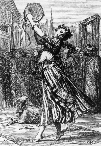 Esmeralda con su cabra Djali, ilustración para Nuestra Señora de París, novela de Victor Hugo (1802-1885), grabado después de un dibujo de Gustave Brion (1824-1877), publicado por Hetzel, París de Gustave Brion