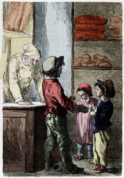 Gavroche da pan a los niños - en “Los Miserables” de Victor Hugo, ilustrado por Brion, ed. Hetzel y Lacroix de Gustave Brion