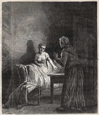 Marguerite entra en la habitación de Fantine y Fantine le muestra dos Napoleones (moneda) que pueden salvar a Cosette, su hija - Ilustración de Gustave Brion (1824-1877) para "Los Miserables - Primera parte: Fantine" de Victor Hugo (1802-1885) 1862 de Gustave Brion