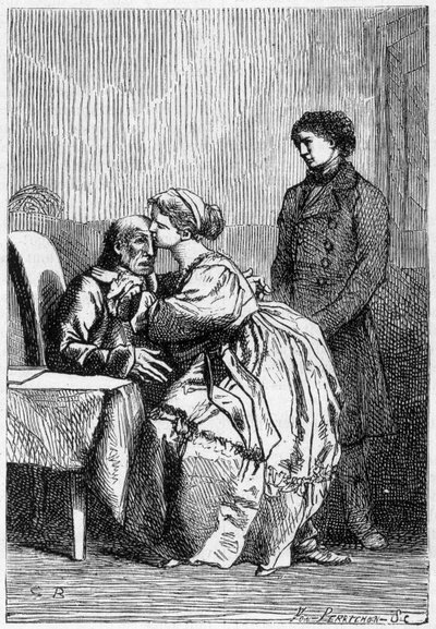 Marius y Cosette visitan a Jean Valjean enfermo - en "Los Miserables" por Victor Hugo, ilustrado por Brion, ed. Hetzel y Lacroix de Gustave Brion