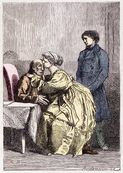 Marius y Cosette visitan a Jean Valjean enfermo - en “Los Miserables” de Victor Hugo, il. por Brion, ed. Hetzel y Lacroix de Gustave Brion