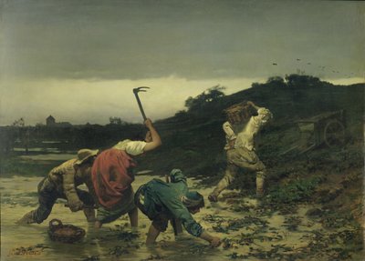 Campesinos cosechando papas durante la inundación del Rin en 1852 de Gustave Brion
