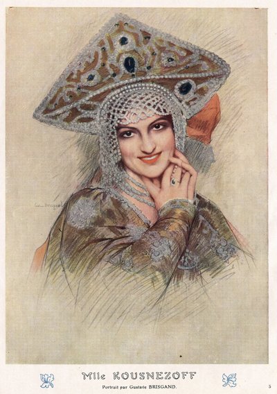 Retrato de Maria Nikolaievna Kuznetsova (Maria Kuznetsova) (1880-1966), famosa cantante y bailarina de ópera del Imperio Ruso y de la Unión Soviética a principios del siglo XX (dibujo) de Gustave Brisgand