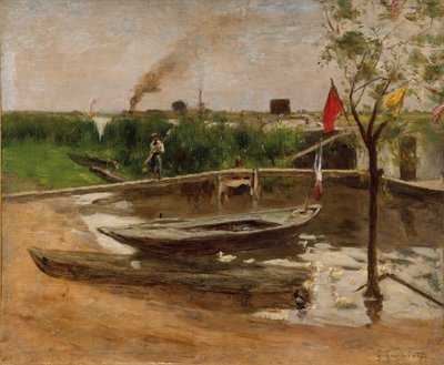Puerto de barcos en el Sena, c.1891 (óleo sobre lienzo) de Gustave Caillebotte